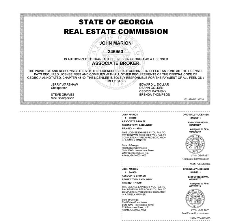 Georgia Real Estate Licence John Marion Associate Broker